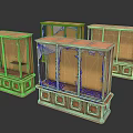 Four Antique Display Cabinets With Glass Doors And Wooden Carved Bases