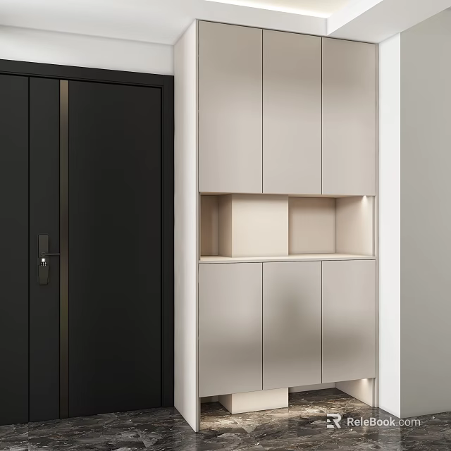 Modern Home Entryway Shoe Cabinet With Light Colored Cabinets And Open Storage Shelves 3d model 