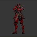 Red Samurai Character in Traditional Armor Holding Two Swords Posing in Combat Stance
