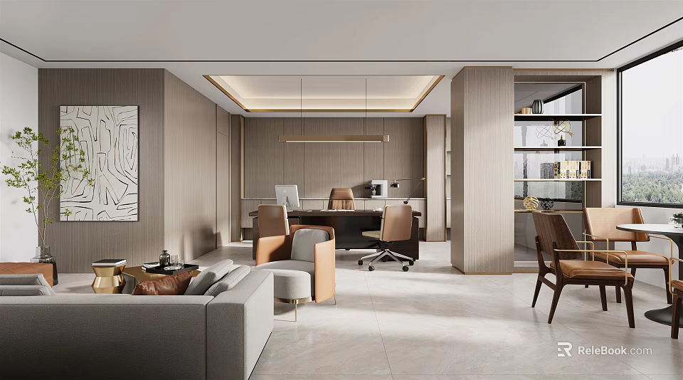 Elegant Modern Office Interior With Desk Chairs Sofa Artwork Lighting And Flooring 3d model 