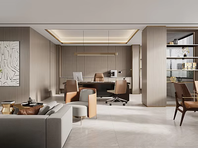 Elegant Modern Office Interior With Desk Chairs Sofa Artwork Lighting And Flooring 3d model