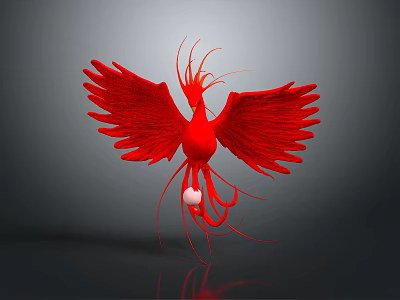 Red Phoenix With Spread Wings And Feathers Holding White Orb On Gray Background 3d model