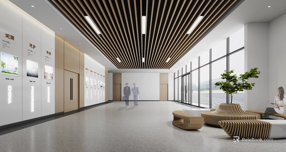 Elevator Hallway Modern Interior With Wooden Slats Ceiling Glass Walls Stylish Seating And Gray Flooring 3d model 