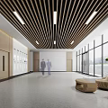 Elevator Hallway Modern Interior With Wooden Slats Ceiling Glass Walls Stylish Seating And Gray Flooring