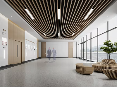 Elevator Hallway Modern Interior With Wooden Slats Ceiling Glass Walls Stylish Seating And Gray Flooring 3d model