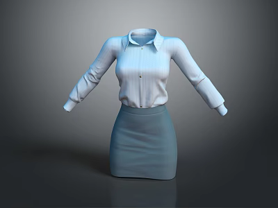 White Collared Long Sleeve Shirt With Light Blue Knee Length Skirt Professional Formal Outfit 3d model