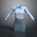 White Collared Long Sleeve Shirt With Light Blue Knee Length Skirt Professional Formal Outfit