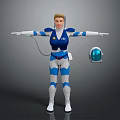 Futuristic Sci Fi Character In Blue White Uniform With Helmet And Outstretched Arms