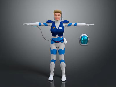Futuristic Sci Fi Character In Blue White Uniform With Helmet And Outstretched Arms 3d model
