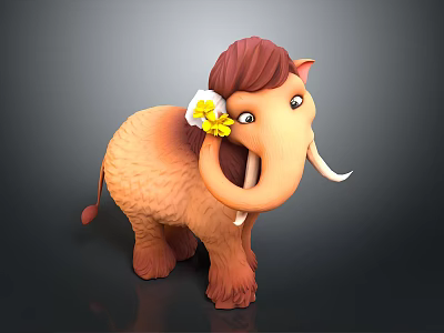 Cartoon Mammoth Character With Brown Fur Yellow Flower And White Tusks 3d model