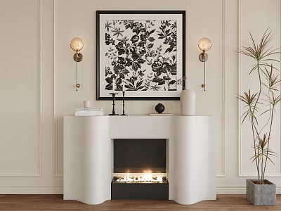 White Fireplace Decor With Flames Black Framed Floral Artwork Wall Sconces And Potted Plant 3d model