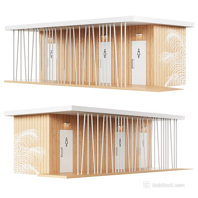 Wooden Public Restroom Stalls With White Slats Palm Leaf Patterns Stall Doors And Gender Symbols 3d model 