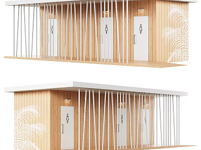 Wooden Public Restroom Stalls With White Slats Palm Leaf Patterns Stall Doors And Gender Symbols 3d model