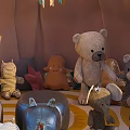 Stuffed Plush Dolls Inside Teepee Tent With String Lights Striped Rug And Boys Toys Bucket