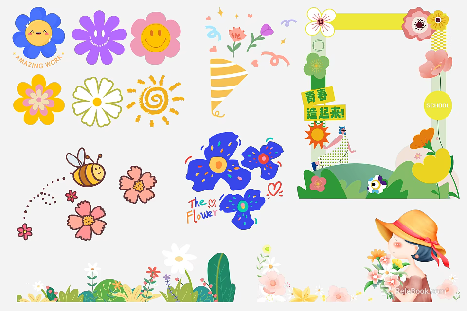 Vibrant Floral Wall Decor with Smiley Faces Sun Bee Little Girl and Green Plants 3d model 