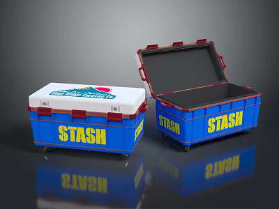 Blue STASH Storage Boxes With Yellow Text One Closed And One Open For Daily Necessities 3d model