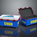 Blue STASH Storage Boxes With Yellow Text One Closed And One Open For Daily Necessities