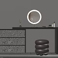 Modern Vanity Table With Marble Patterned Drawers Round Mirror And Brown Stool 3d model