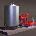 Industrial Equipment Setup With Stainless Steel Tank Red Pump And Piping System