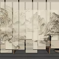 Traditional Chinese Screen With Ink Landscape Painting And Interior Decor Elements 3d model