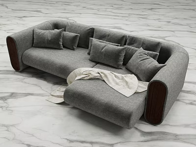 Gray Sectional Sofa with Multiple Pillows Dark Wooden Armrests and Light Blanket on Marble Floor 3d model