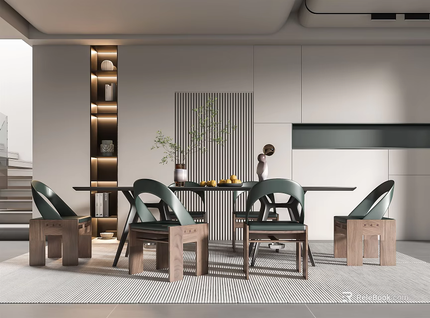 Modern Dining Room With Wooden Table Green Chairs Potted Plant And Decorative Shelves 3d model 