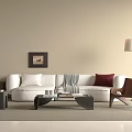 Modern White Sofa And Black Coffee Table Set With Red Throw Pillow And Wall Art