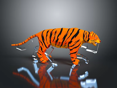 Orange Striped Tiger Statue With Metal Wrenches On Reflective Gray Surface 3d model