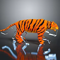 Orange Striped Tiger Statue With Metal Wrenches On Reflective Gray Surface 3d model