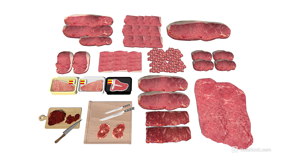 Assorted Fresh Meat Cuts Including Steaks Ground Meat Meatballs With Cutting Board And Knives On 3d model 