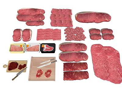 Assorted Fresh Meat Cuts Including Steaks Ground Meat Meatballs With Cutting Board And Knives On 3d model