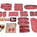 Assorted Fresh Meat Cuts Including Steaks Ground Meat Meatballs With Cutting Board And Knives On