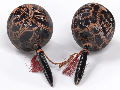 Traditional Handcrafted Musical Instruments with Painted Brown Patterns Black Wooden Body and Red Tassels 3d model