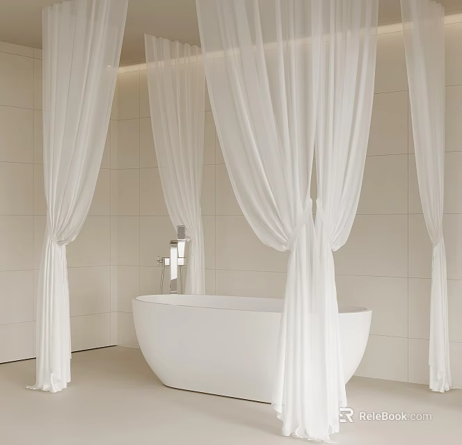 Elegant Bathroom Interior With White Bathtub Sheer Curtains And Light Tiled Walls 3d model 