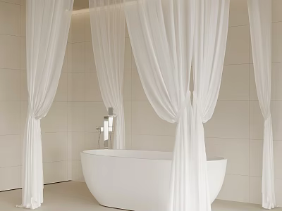 Elegant Bathroom Interior With White Bathtub Sheer Curtains And Light Tiled Walls 3d model