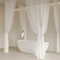 Elegant Bathroom Interior With White Bathtub Sheer Curtains And Light Tiled Walls