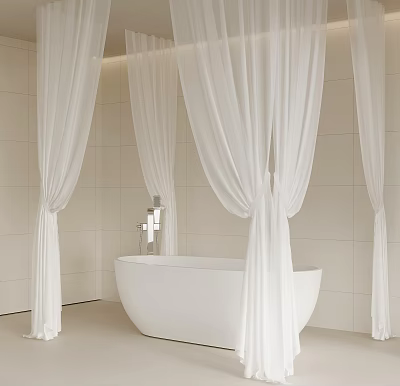 Elegant Bathroom Interior With White Bathtub Sheer Curtains And Light Tiled Walls 3d model