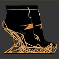 Black White Collar Boots with Gold Hollow Heel and Orange Decorative Stripes for Daily Living