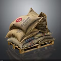 Multiple Hessian Sandbags With Branded Logos Stacked On Industrial Wooden Pallet