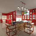 Tobacco and Alcohol Store Interior With Red Display Cabinets Liquor Products Chandeliers Tables and Chairs