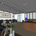 Contemporary Office Interior With Chinese Calligraphy Tables Chairs Sofa Computer Windows And Lighting 3d model