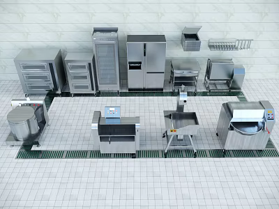 Commercial Kitchen Stainless Steel Appliances Neatly Arranged With Refrigerators Ovens And Mixers 3d model