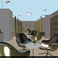 Modern Bright Cozy Lounge Space With Long Yellow Curtains Round White Tables And Potted Plants