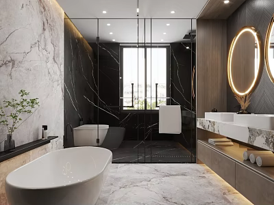 Modern Bathroom Interior Design With Marble Walls White Bathtub Glass Shower And Illuminated Mirror 3d model