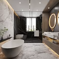 Modern Bathroom Interior Design With Marble Walls White Bathtub Glass Shower And Illuminated Mirror