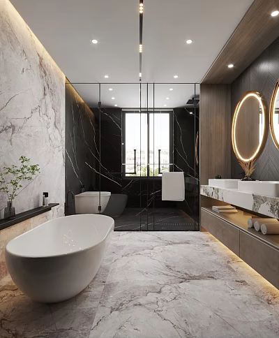 Modern Bathroom Interior Design With Marble Walls White Bathtub Glass Shower And Illuminated Mirror 3d model