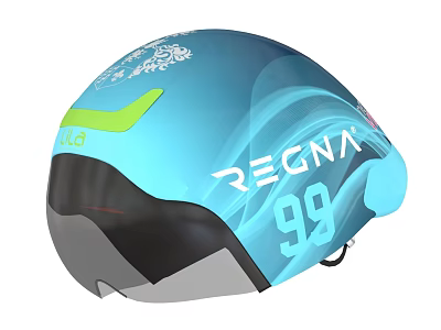 Blue Sports Equipment Helmet With White Patterns Green Logo And REGNA 99 Design 3d model