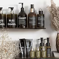 Stylish Bathroom Accessories On Shelves With Shampoo Bottles Soap Dispensers And Candles