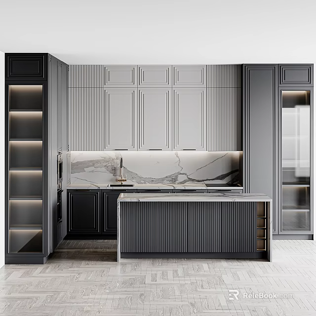 Modern Kitchen Interior Featuring Dark And Light Cabinets Marble Countertop Island With Under Cabinet Lighting 3d model 