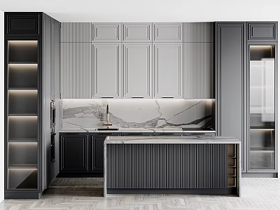 Modern Kitchen Interior Featuring Dark And Light Cabinets Marble Countertop Island With Under Cabinet Lighting 3d model